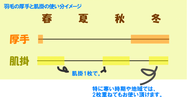 羽毛の厚手と肌掛の使い分けイメージ